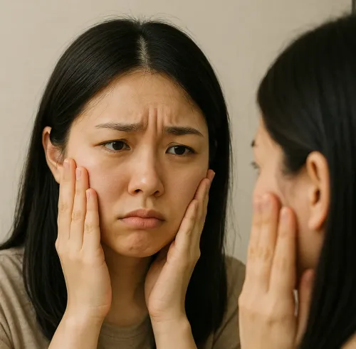 むくんだ顔を眺める女性