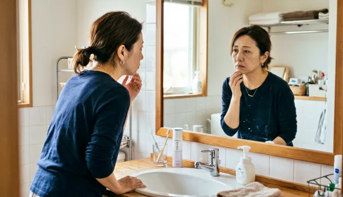 鏡を見て思い悩む女性