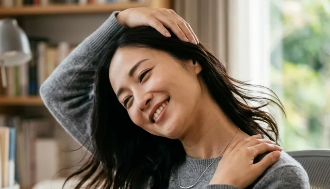 首のストレッチをする女性