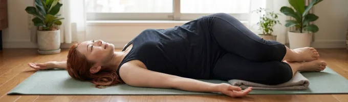 体を捻るストレッチをする女性