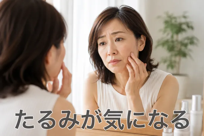 たるみが気になって鏡を見る女性